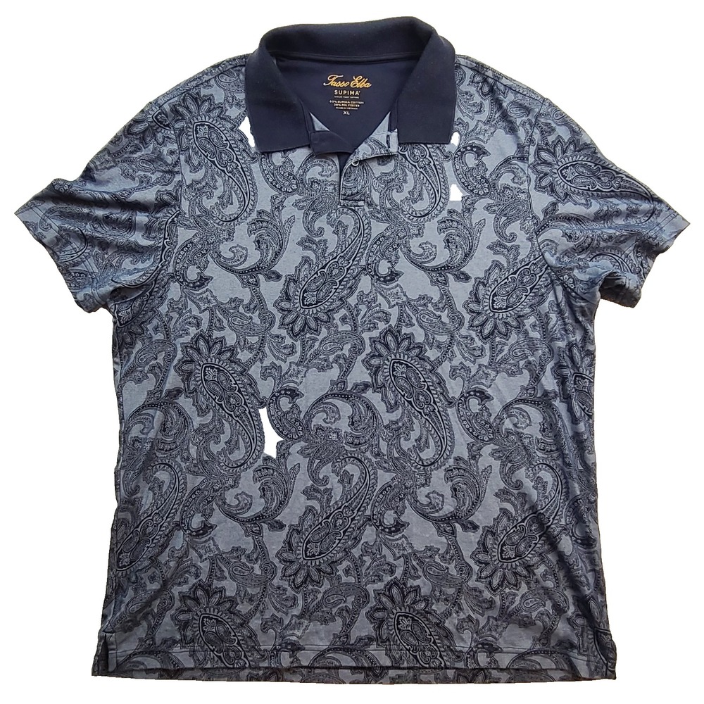 Tasso Elba Men’s XL Blue Paisley Supima Cotton Polo Shirt Golf Short Sleeve